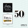 Load image into Gallery viewer, photo booth prop signs for 50th birthday celebration with 'cheers to fifty years' text and a number '50' by Lush Party Studio