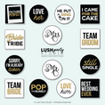 Load image into Gallery viewer, set of wedding-themed photo booth props wedding glam photo booth prop signs classy black white gold bridal photo booth prop signs