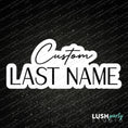 Load image into Gallery viewer, A black satin fabric background with white text reading 'LAST NAME CUSTOM PROPS' at the top and a larger central design reading 'Custom LAST NAME' in white and black. Small copyright text at the bottom reads 'Lush Party Studio - All Rights Reserved'.