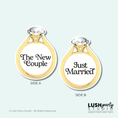 Load image into Gallery viewer, Two gold ring-shaped signs with 'The New Couple' and 'Just Married' text for photobooth props by Lush Party Studio branding.