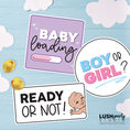 Load image into Gallery viewer, Gender reveal party decorations with 'Baby loading', 'Boy or Girl?', and 'Ready or Not!' text on a blue background.