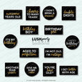 Load image into Gallery viewer, Collection of birthday-themed photo booth props for elegant birthdays in black white and gold by Lush Party Studio brand.
