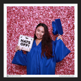 Load image into Gallery viewer, Graduate in blue gown holding a 'Hats Off!' photo booth prop sign by lush party studio