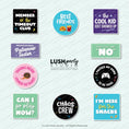 Load image into Gallery viewer, Collection of colorful photobooth props for kids, children events, etc with humorous text by Lush Party Studio.