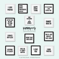 Load image into Gallery viewer, Collection of black and white photo booth props with humorous text for weddings, parties and celebrations by Lush Party Studio.