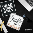 Load image into Gallery viewer, Graduation-themed photo booth props with 'Grad Vibes Only' text, a 'Finally Done' congrats grad by lush party studio