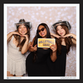 Load image into Gallery viewer, Three women posing with a 'Volleyball Squad' photobooth prop sign in a photo booth with a sparkly background.