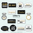 Load image into Gallery viewer, set of wedding-themed photo booth props wedding glam photo booth prop signs classy black white gold bridal photo booth prop signs