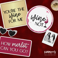 Load image into Gallery viewer, Wine-themed photobooth props and sunglasses on a red background with 'Lush Party Studio' branding.