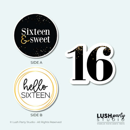 Photo booth props with text 'Sixteen & Sweet' and 'Hello Sixteen', with a number '16' for birthdays
