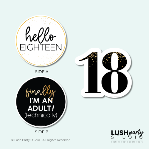 18th birthday photo booth props with hello 18th text by lush party studio