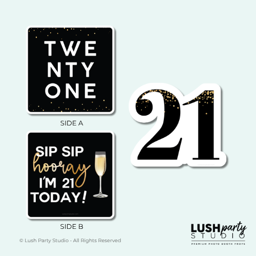 Photobooth prop signs celebrating a 21st birthday with 'Lush Party Studio' branding.