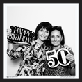 Load image into Gallery viewer, Two women holding 'Happy Birthday' and '50' prop signs in a photo booth setting.
