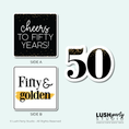 Load image into Gallery viewer, photo booth prop signs for 50th birthday celebration with 'cheers to fifty years' text and a number '50' by Lush Party Studio 

