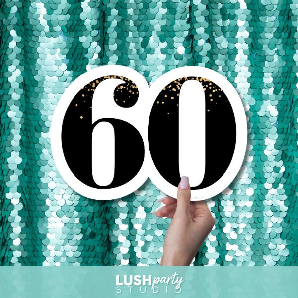Hand holding a '60' sign against a teal sequin background with Lush Party Studio branding.