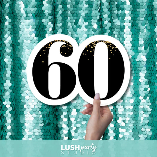 Hand holding a '60' sign against a teal sequin background with Lush Party Studio branding.