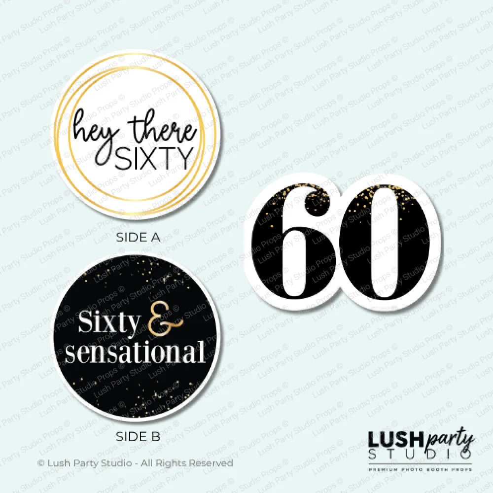 60th birthday photo booth props with 'hey there sixty' text and a number '60' by Lush Party Studio 