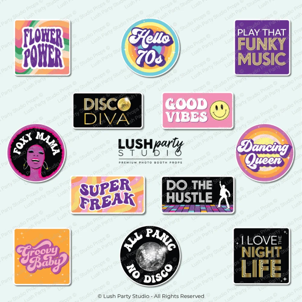 70s Disco Photo Booth Props Set by Lush Party Studio
