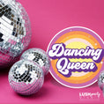 Load image into Gallery viewer, Silver disco balls with a 'Dancing Queen' prop sign by Lush Party Studio
