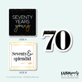 Load image into Gallery viewer, Three photobooth prop signs for a 70th birthday celebration with 'Seventy Years Young' and 'Seventy & Splendid' text, featuring gold and black designs.
