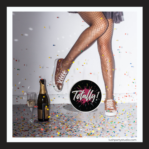 80s girl with fishnets and sneakerswith a 'Totally!' photobooth prop by Lush Party Studio