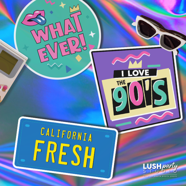 collage of 90s-themed photo booth props by lush party studio