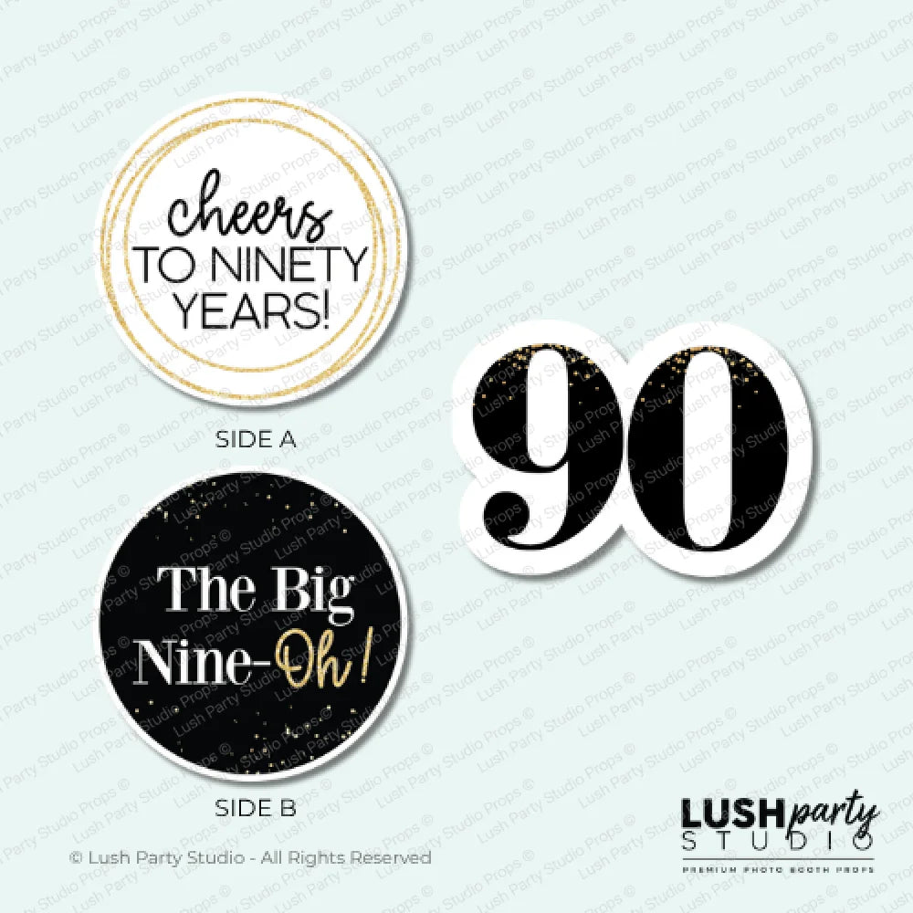 Three 90th birthday photo booth props celebrating 90 years by lush party studio
