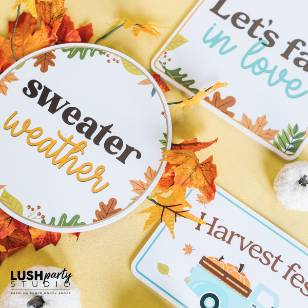 Autumn-themed photo booth props on a yellow background, by Lush Party Studio. Sweater Weather, let's fall in love.