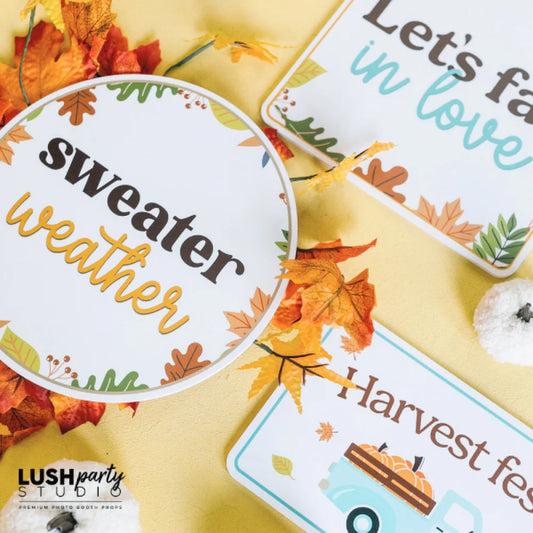 Autumn-themed photo booth props on a yellow background, by Lush Party Studio. Sweater Weather, let's fall in love.