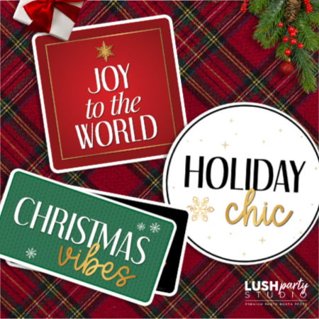 Christmas-themed photobooth props with text on a plaid background, by 'Lush Party Studio'.