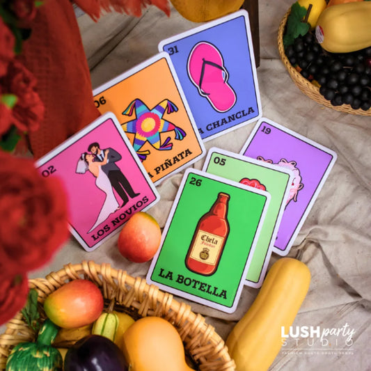 Collection of colorful photo booth props with loteria cards. Mexican Lotería photo booth props – vibrant fiesta party set