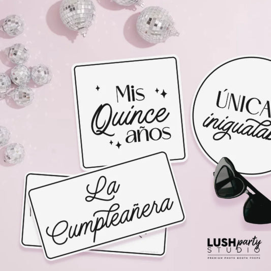 Quinceanera quince glam black and white photo booth props by Lush Party Studio