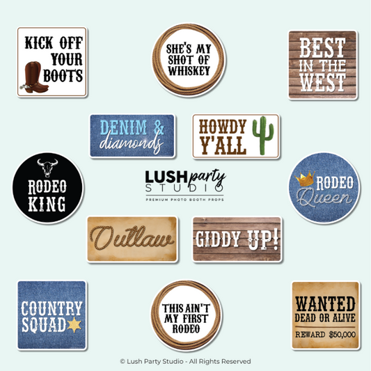 Set of western photo booth props for rodeos, western events, parties and celebrations by lush party studio