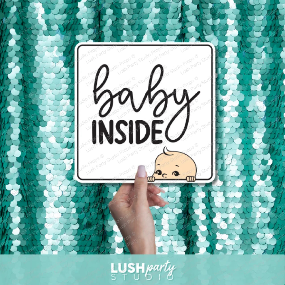 gender reveal photo booth prop sign with baby inside text by lush party studio