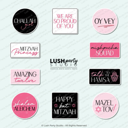 A grid of ten circular and rectangular photo booth prop designs with Hebrew and English phrases such as 'Challah girl,' 'We are so proud of you,' 'Oy Vey,' 'Mitzvah Princess,' 'Mishpucha Squad,' 'L'Chaim,' 'Talk to the Hamsa,' 'Shalom Aleichem,' 'Happy but Mitzvah,' and 'Mazel Tov,' created by 'Lush party studio' Premium photo booth props.