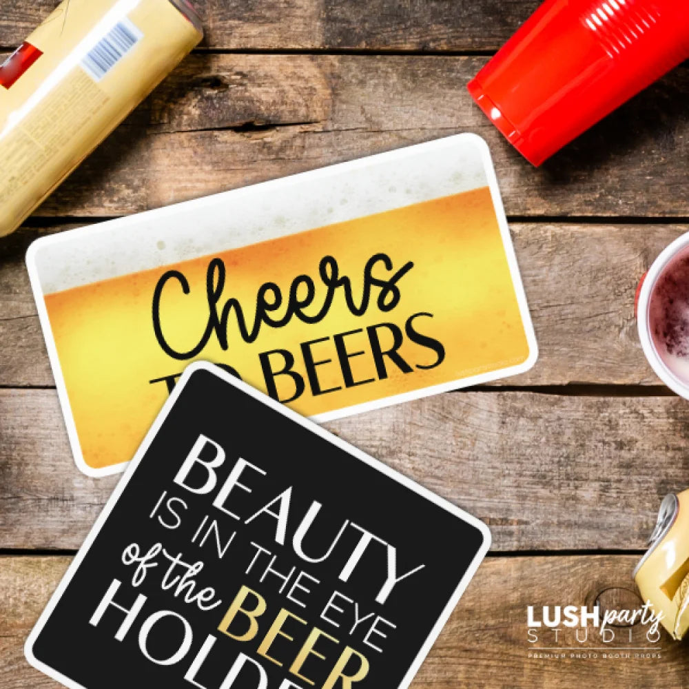 beer-themed photo booth props with various beer sayings by lush party studio