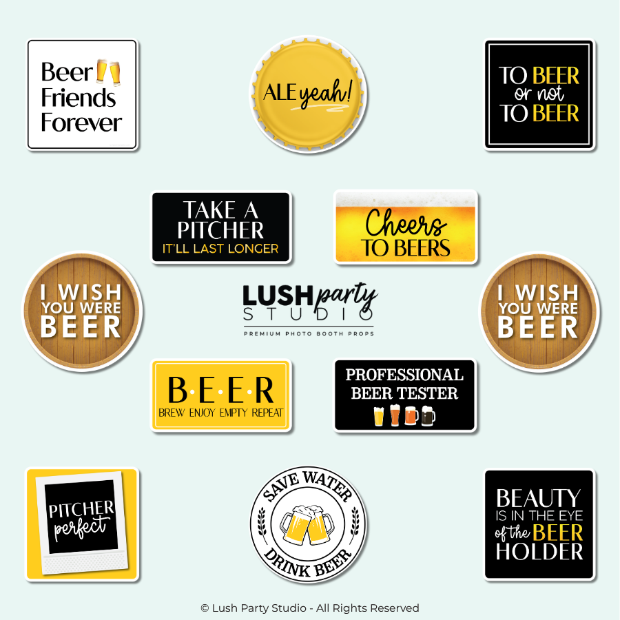 beer-themed photo booth props with various beer sayings by lush party studio