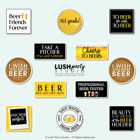 beer-themed photo booth props with various beer sayings by lush party studio