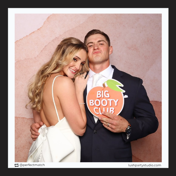 party photo booth prop with emoji peach with big booty club text by lush party studio