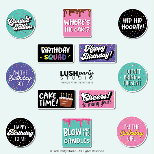 Collection of colorful birthday-themed photo booth props by lush party studio