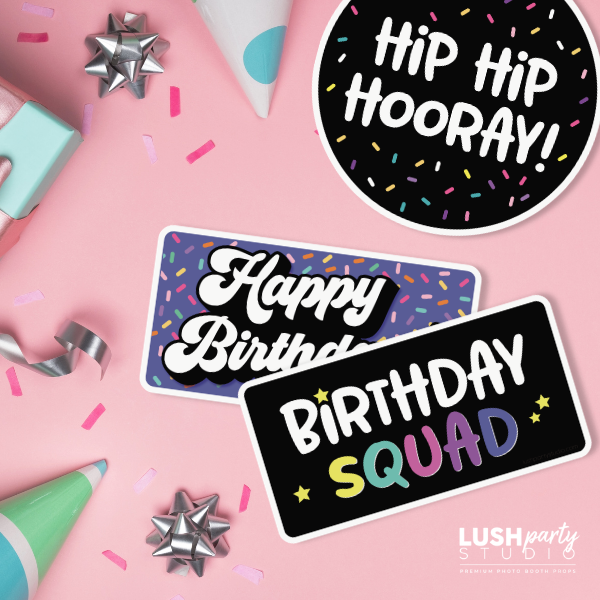 colorful birthday photo booth props for kids parties by lush party studio