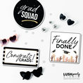 Load image into Gallery viewer, Graduation-themed photo booth props with 'grad squad', 'Finally Done', and 'Congrats Grads!' signs by Lush Party Studio.
