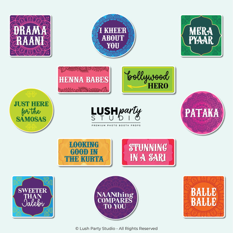 Collection of colorful bollywood photo booth props for diwali punjabi holi indian events and parties by Lush Party Studio