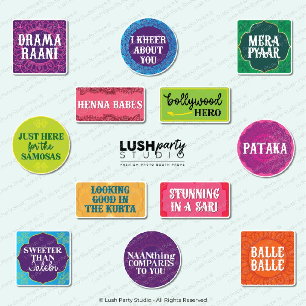 Collection of colorful bollywood photo booth props for diwali punjabi holi indian events and parties by Lush Party Studio