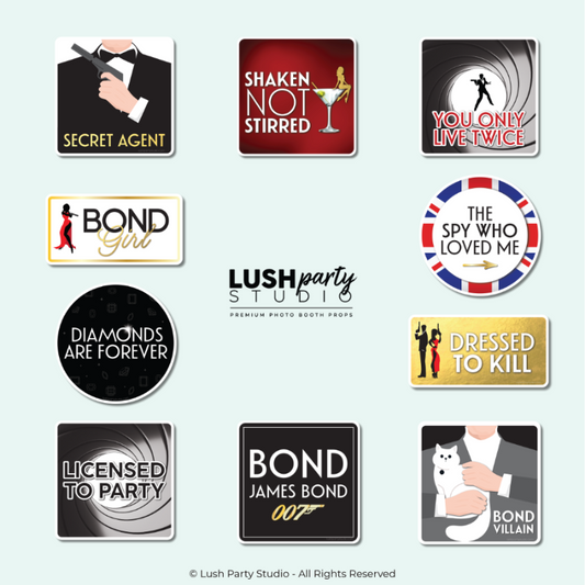 Collection of James Bond-themed photo booth props for casino royale parties and events by lush party studio
