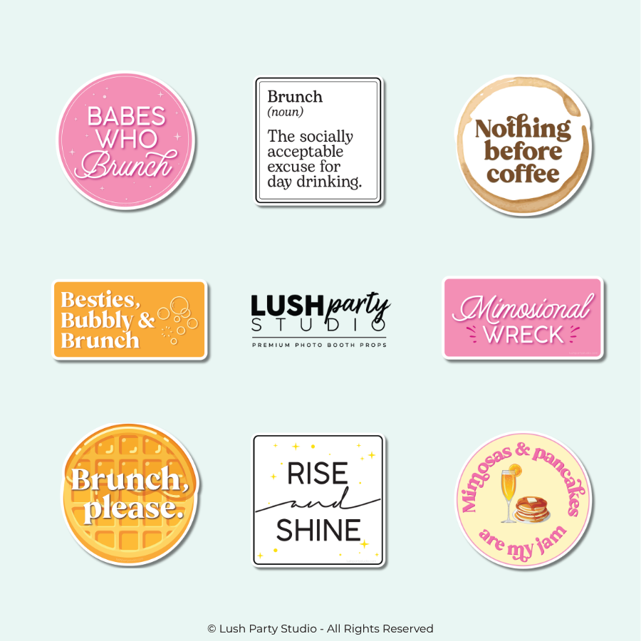 Collection of brunch-themed photo booth props with humorous sayings for bachelorettes, brunch events etc by lush party studio