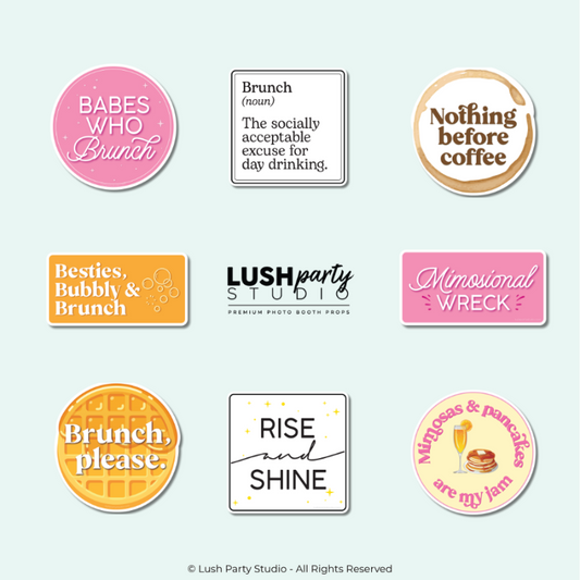 Collection of brunch-themed photo booth props with humorous sayings for bachelorettes, brunch events etc by lush party studio