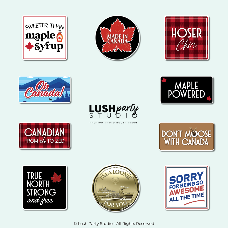 Collection of Canadian-themed photo booth props for canada day events and celebrations