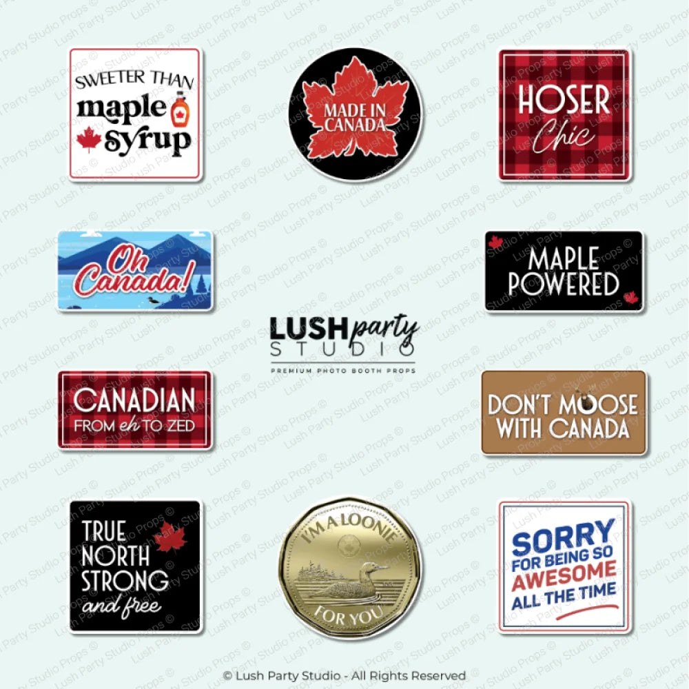 Collection of Canadian-themed photo booth props for canada day events and celebrations