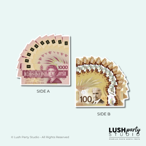 Two sides of a Canadian dollar bill photobooth prop by Lush Party Studio